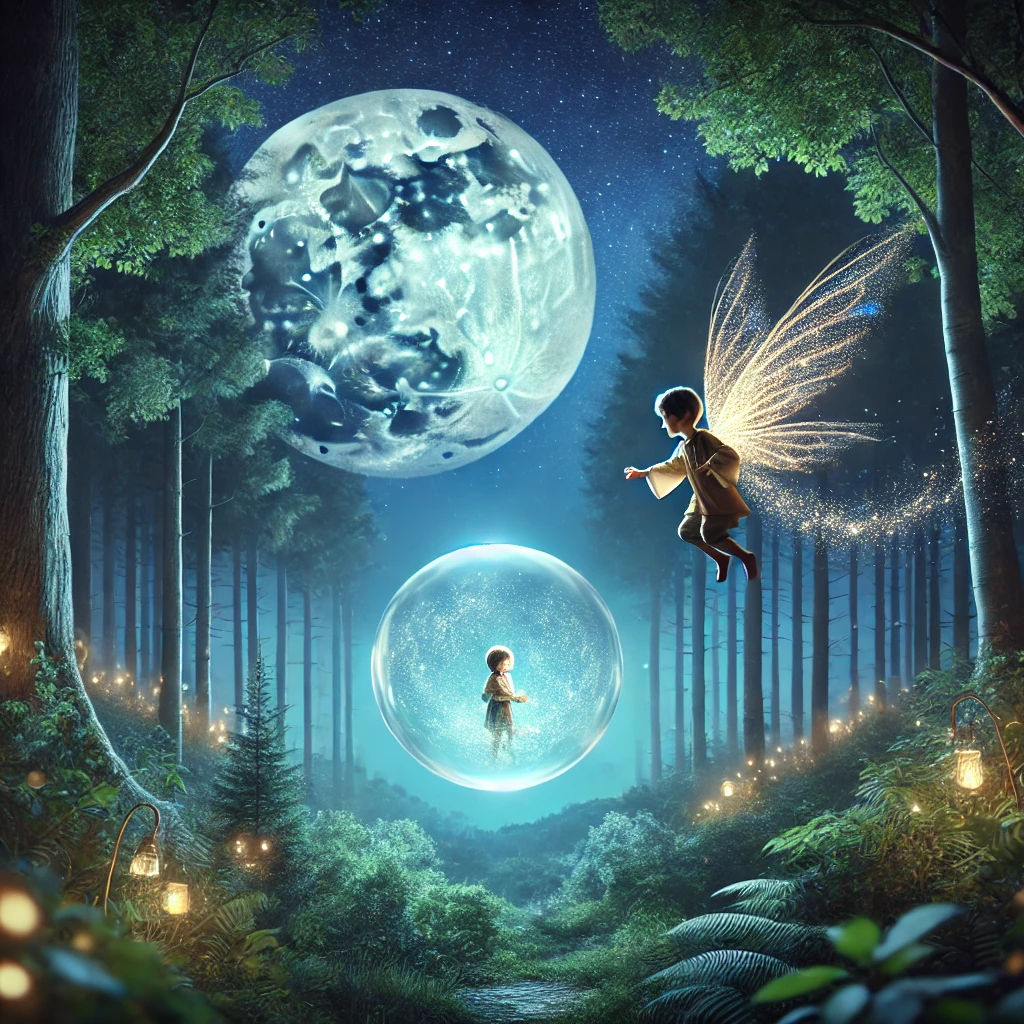 DALL·E 2024-09-17 13.20.02 – An enchanted forest scene at night with a glowing full moon in the background. In the foreground, a small elf with shimmering wings is flying, carryin