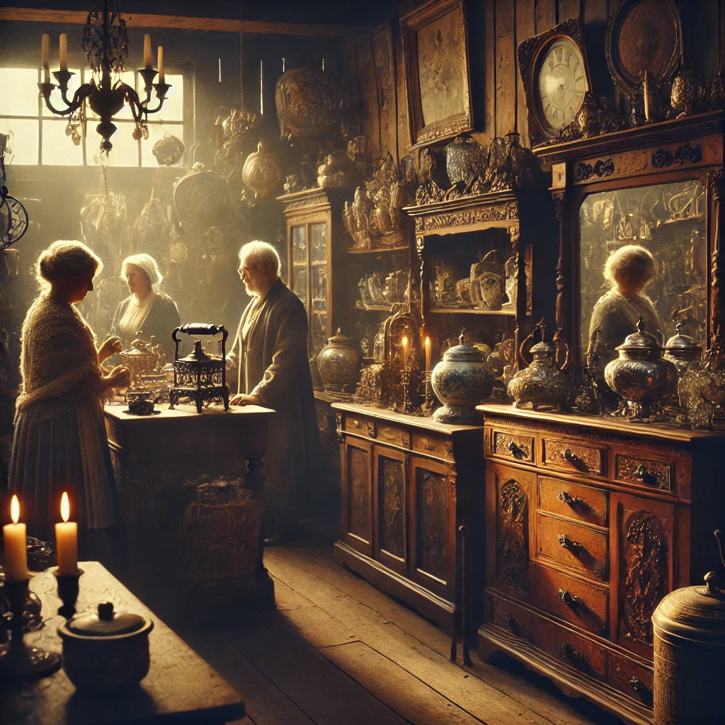 DALL·E 2024-09-17 13.24.03 – An old-fashioned antique shop filled with vintage furniture and objects, with a dim, nostalgic lighting. A woman is standing behind the counter, exami