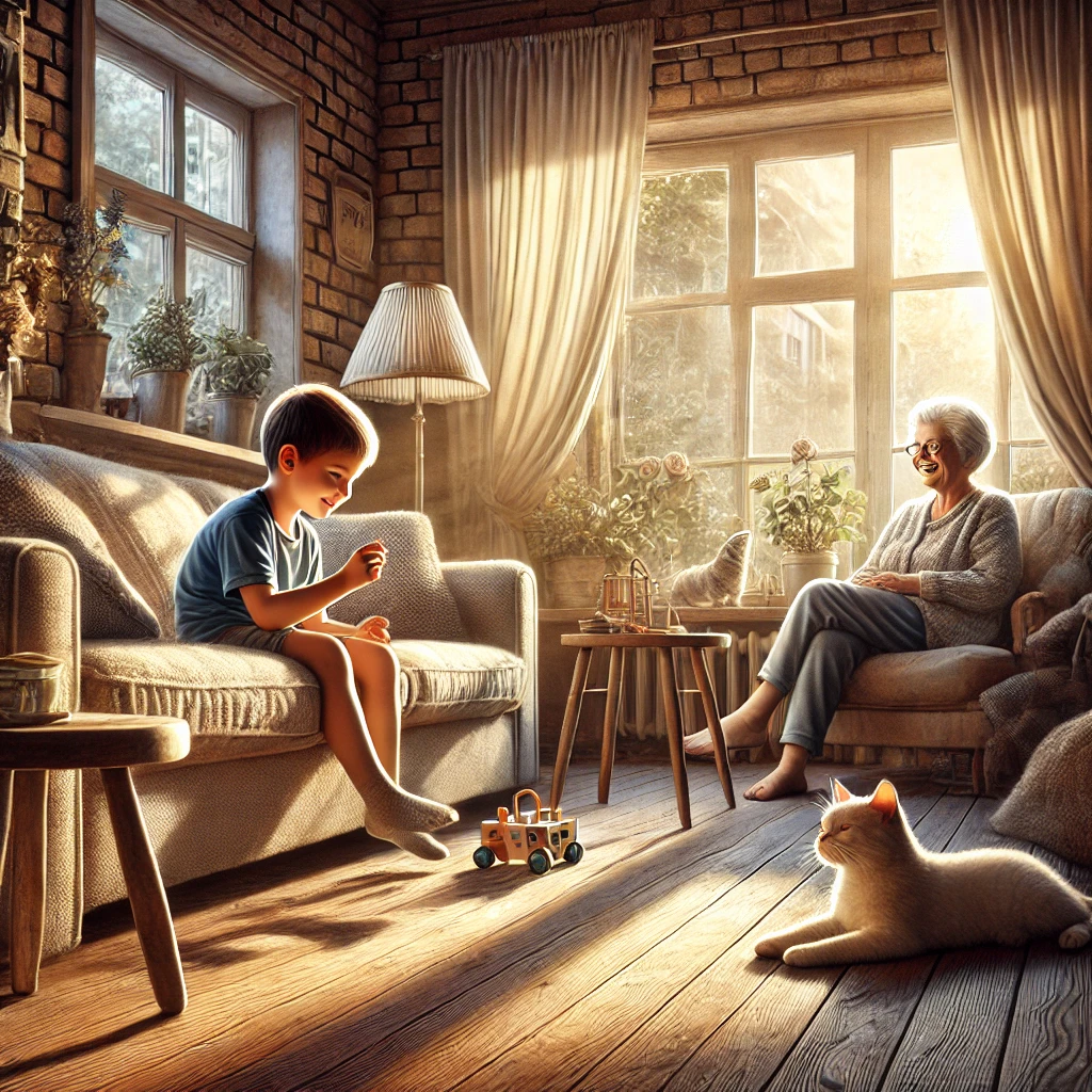 DALL·E 2024-09-17 13.37.11 – A highly realistic, hand-drawn illustration of a cozy living room where a young boy is playing with a toy, while his grandmother smiles at him from ac