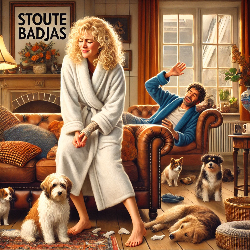 DALL·E 2024-09-17 13.40.41 – A cozy living room scene, where a woman in a bathrobe has tripped over her dog and hurt her wrist. She looks both in pain and slightly amused, while i