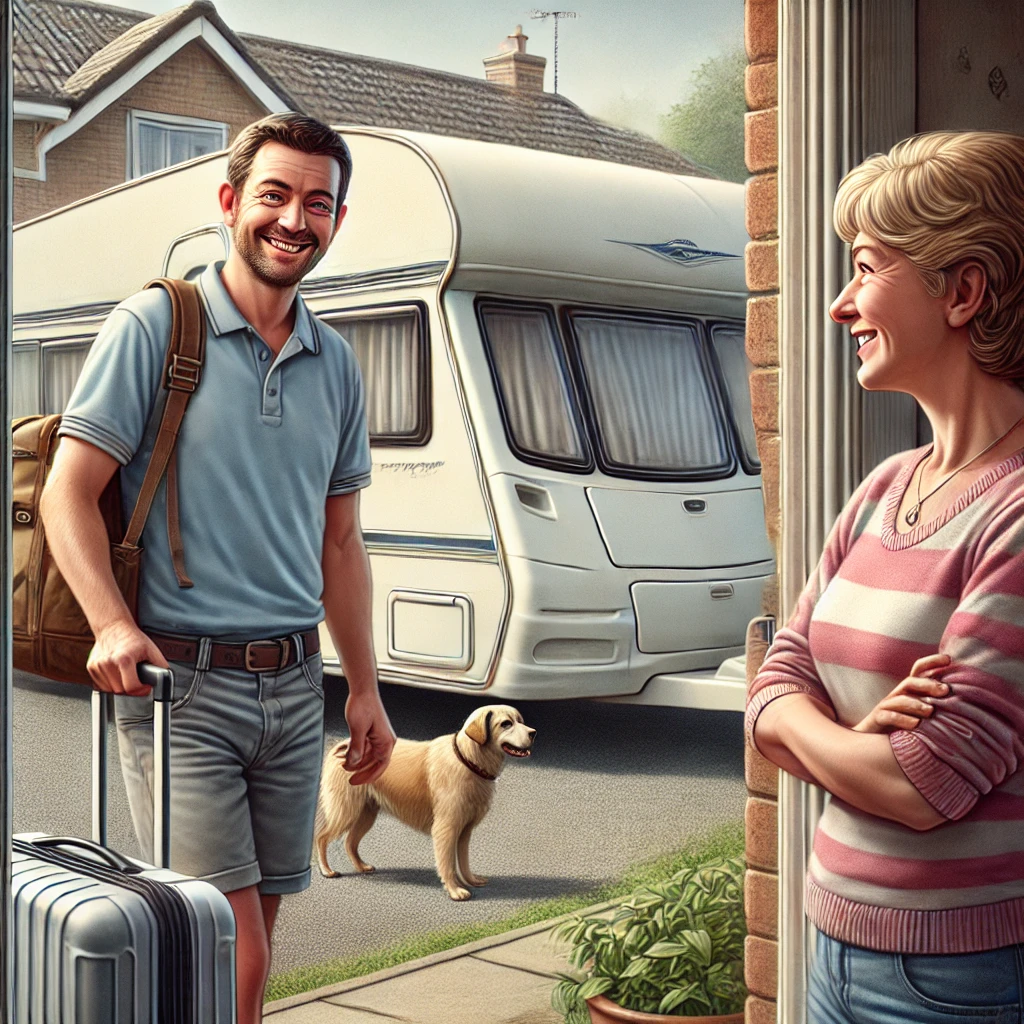 DALL·E 2024-09-17 13.43.42 – A realistic, hand-drawn illustration showing a neighbor asking for help to look after pets and plants while preparing for a vacation. The scene is set
