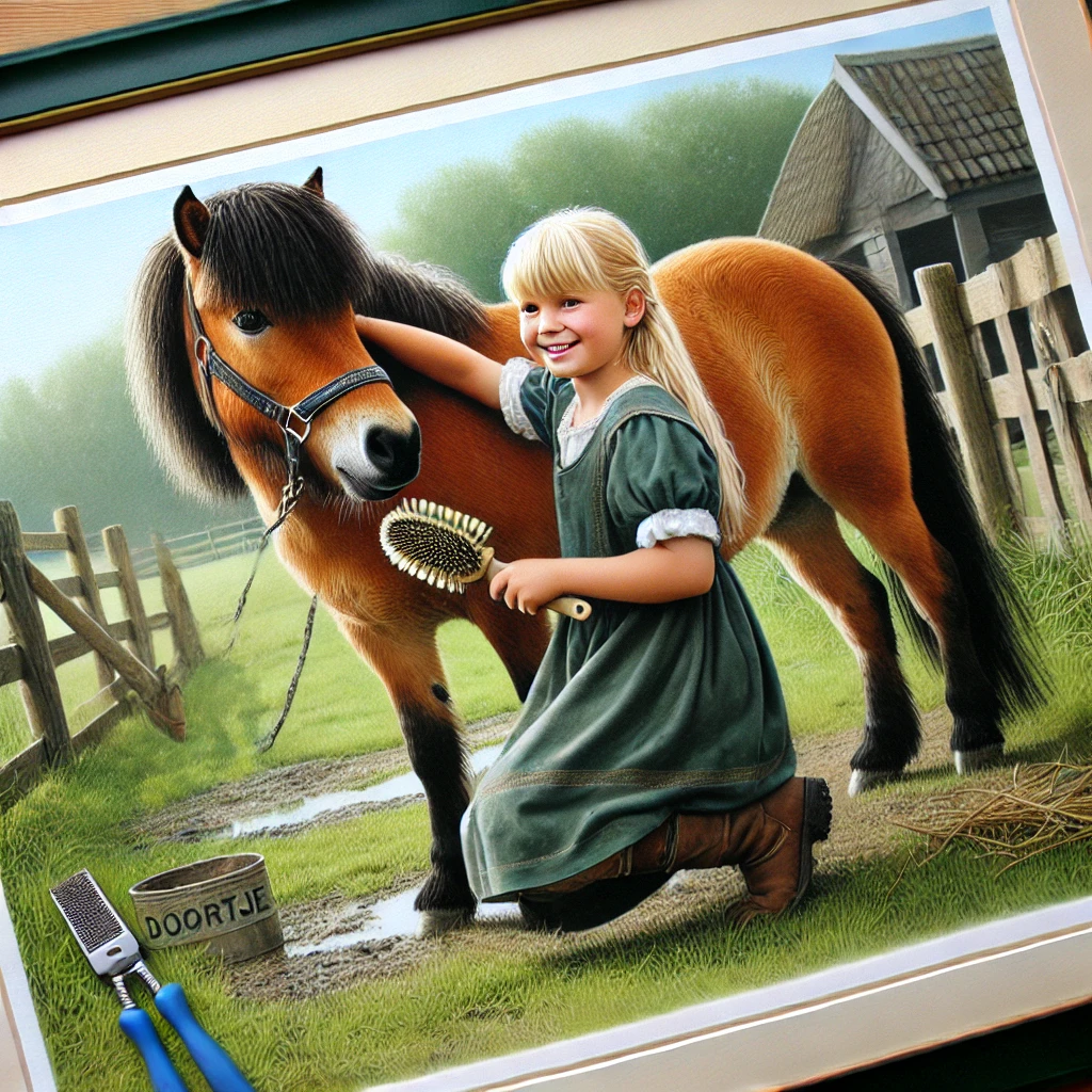 DALL·E 2024-09-17 13.45.38 – A realistic, hand-drawn illustration of a young girl named Jasmijn embracing her pony, Doortje, in a green field. The pony looks content while grazing