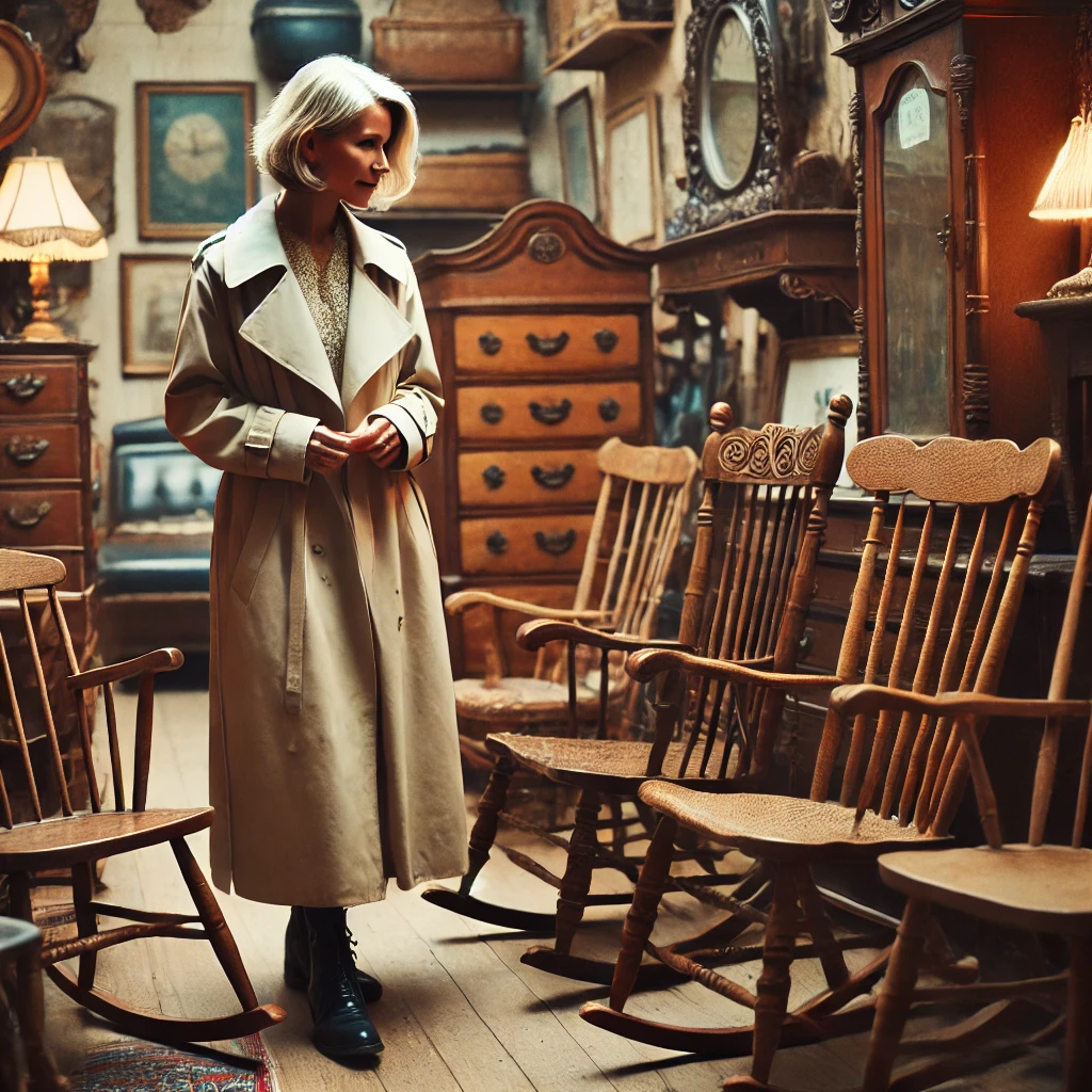 DALL·E 2024-09-26 13.31.21 – A quaint and cluttered antique shop with various pieces of furniture, including a selection of rocking chairs. An elegant middle-aged woman, wearing a