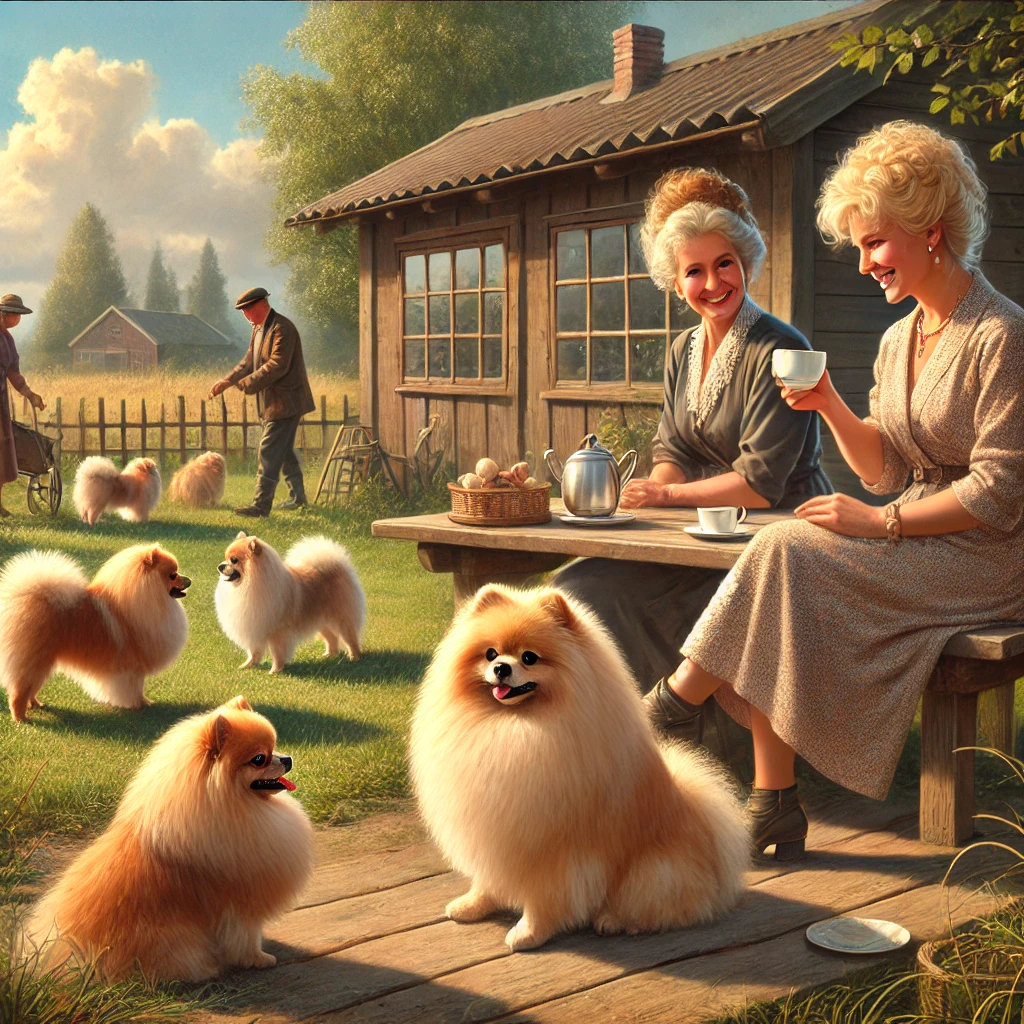 DALL·E 2024-09-26 13.32.14 – A serene countryside scene depicting two women, Inge and her friend, sitting on a wooden bench in a shaded area near a rustic building. They are enjoy
