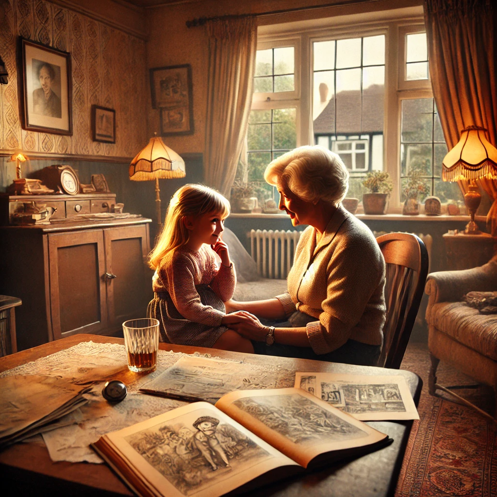 DALL·E 2024-09-26 13.34.11 – A cozy 1950s living room scene where a young girl and an older woman, her aunt, are sitting at a table. The aunt is holding the girl’s hand, telling h