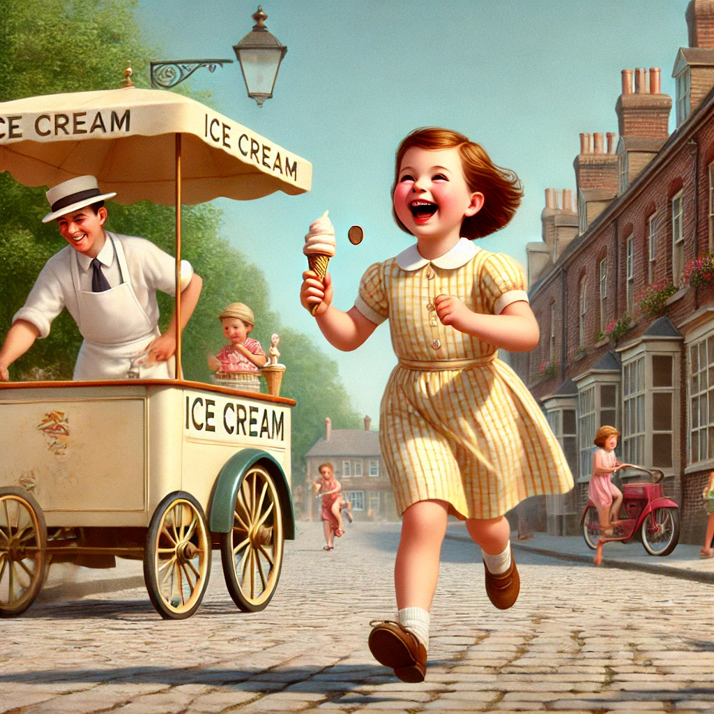 DALL·E 2024-09-26 13.35.20 – A nostalgic 1950s street scene with a young girl joyfully running down a cobblestone road, holding a small coin. She is chasing after an ice cream car
