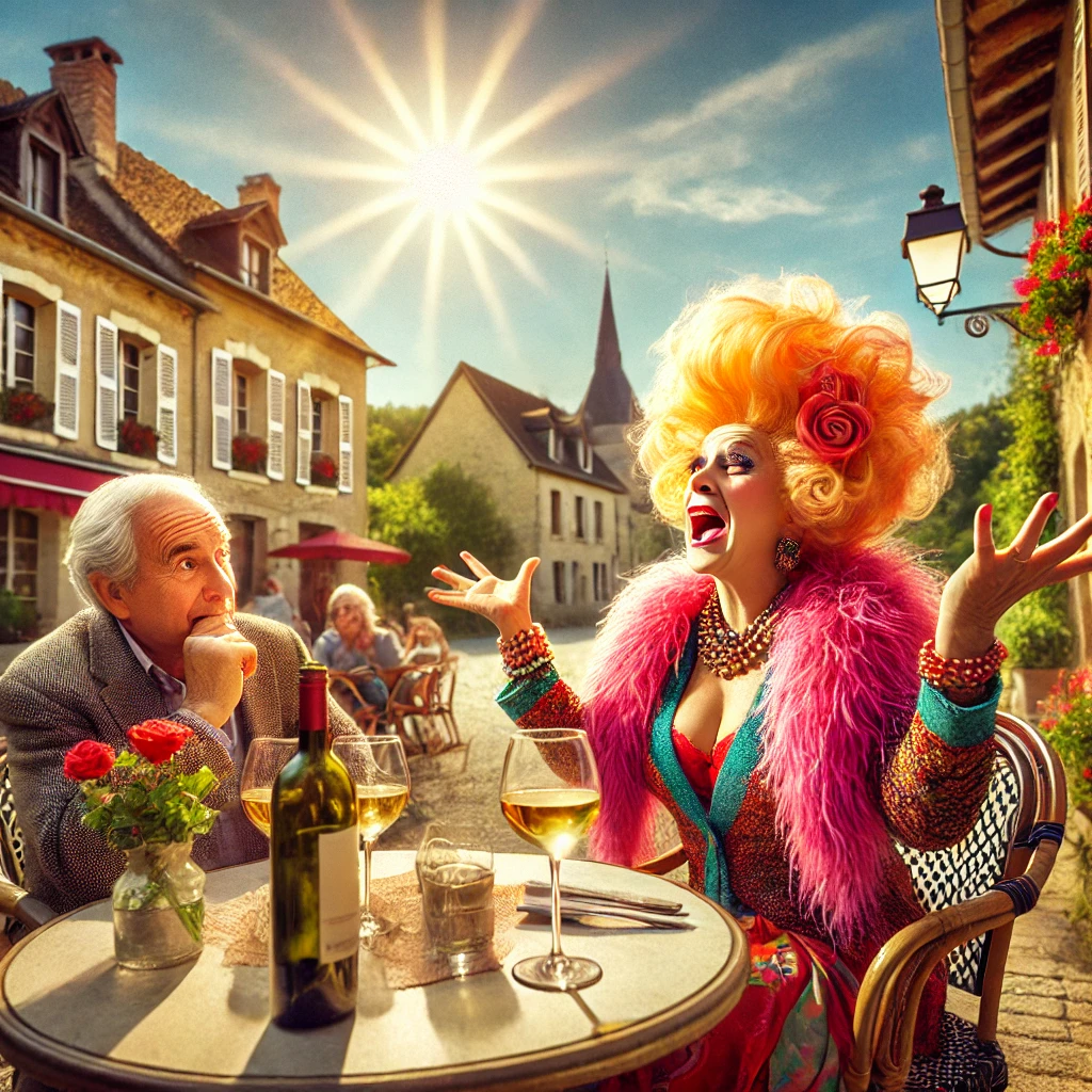 DALL·E 2024-09-26 13.36.13 – A sunny French countryside scene at a small café terrace. A middle-aged woman, with a vibrant and extravagant style, sits at a table, dramatically ges