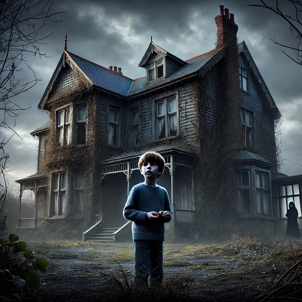 DALL·E 2024-09-26 13.36.44 – A dramatic and eerie scene showing a young boy standing outside a large, ominous house. The house has an old and uninviting look, with darkened window