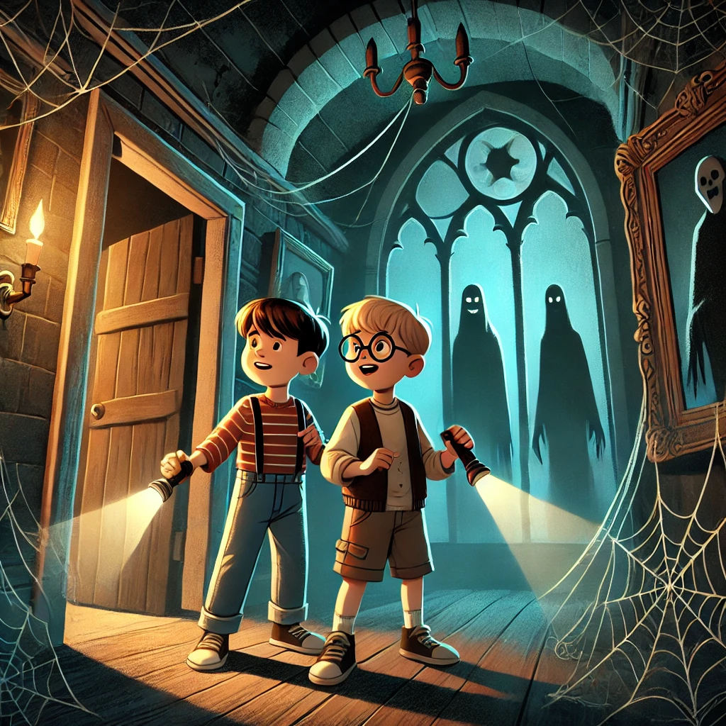 DALL·E 2024-09-24 11.38.50 – A spooky and adventurous scene where two young boys, Thomas and Jasper, are exploring an old haunted castle at night. They are standing in a dimly lit