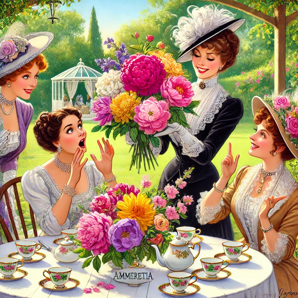 DALL·E 2024-09-26 13.19.36 – A sunny garden scene with a group of elegant ladies enjoying a tea party. The hostess, Agnes, is proudly showing off her vibrant flowers, including a