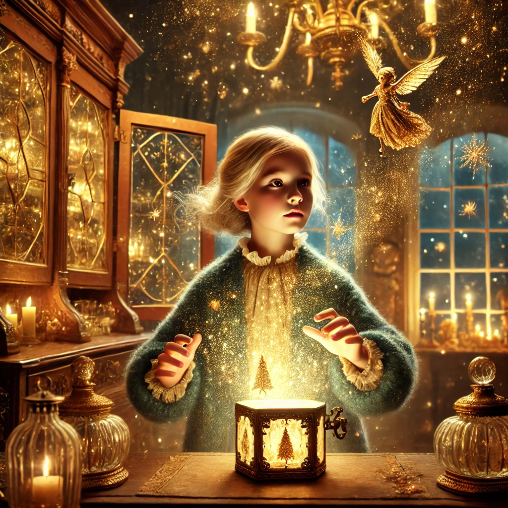 DALL·E 2024-09-24 11.34.53 – A magical and enchanting scene where a young girl named Femke is floating in the air, surrounded by golden sparkles and stars, after opening a small,
