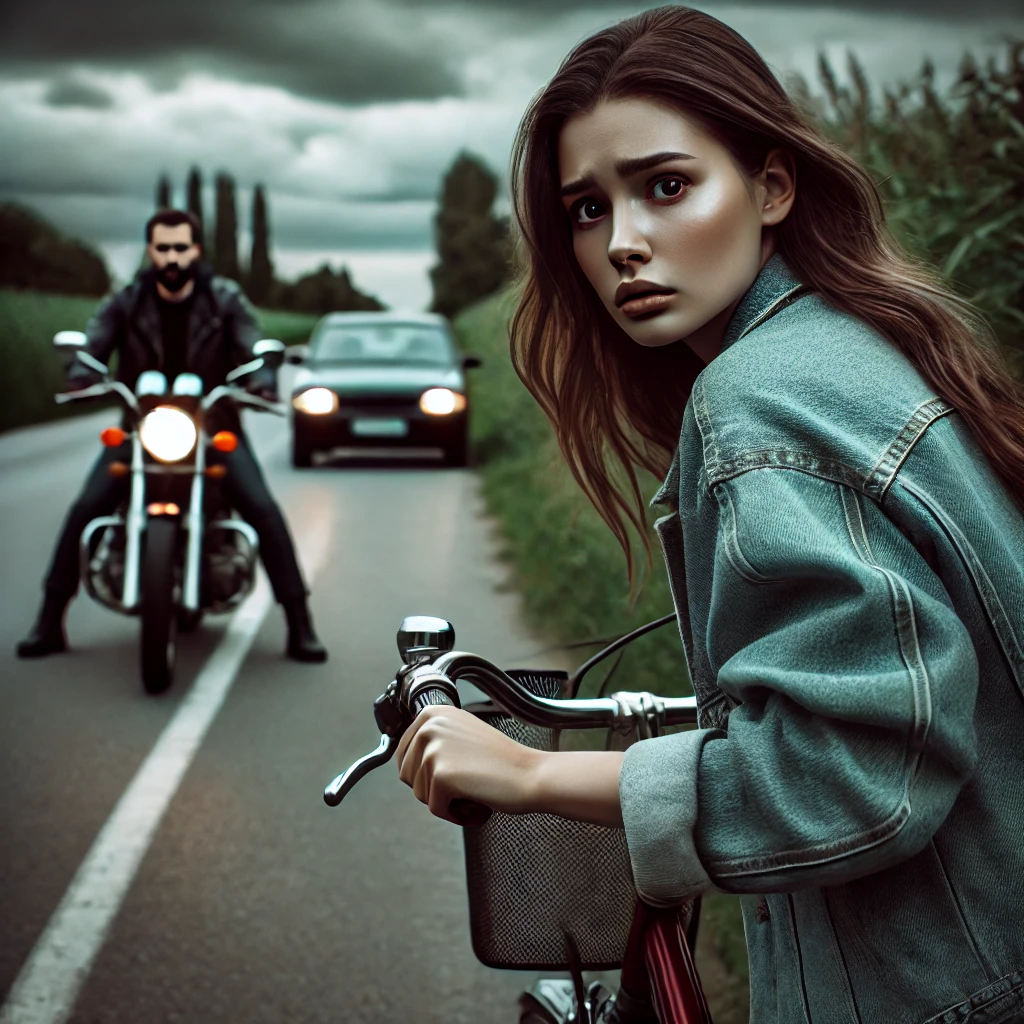DALL·E 2024-09-24 11.31.37 – A tense and emotional scene showing a young woman riding her bicycle on a lonely road, looking over her shoulder nervously as a man on a motorcycle fo
