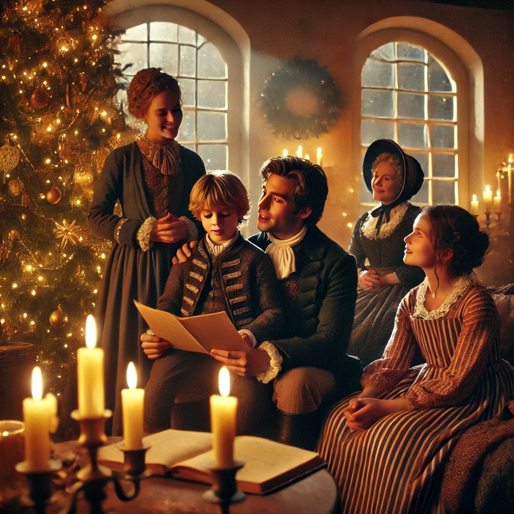 DALL·E 2024-09-24 11.32.37 – A warm and festive scene where a mother, Nienke, and her son, Jens, dressed in old-fashioned costumes, are performing a Christmas story for Rianne and