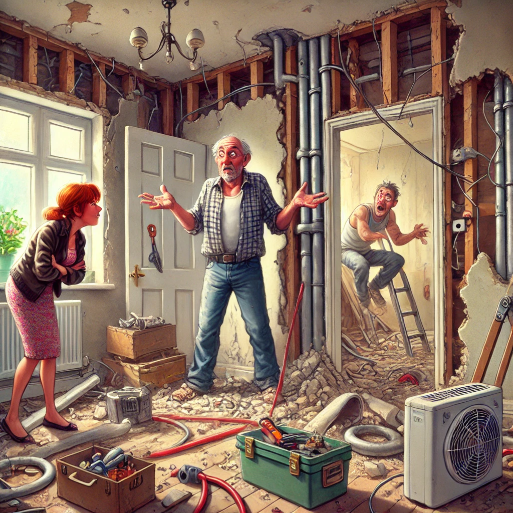 DALL·E 2024-09-24 11.33.31 – A humorous and chaotic scene where a man named Charles is standing in the middle of a half-renovated house. There are tools and pipes scattered around