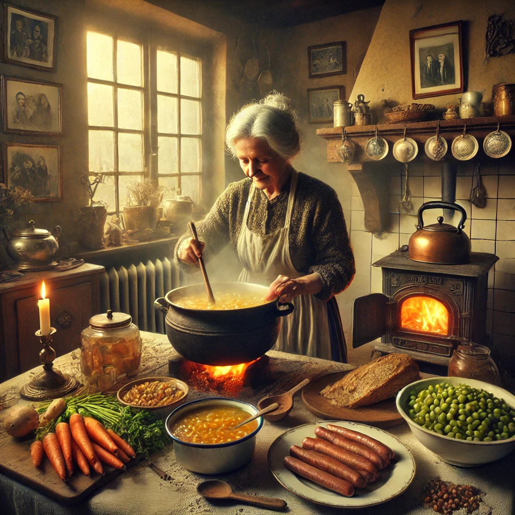 DALL·E 2024-09-24 11.25.48 – A cozy kitchen scene from the early 1900s, where an elderly woman named Antonia is lovingly preparing a pot of traditional Dutch pea soup (erwtensoep)