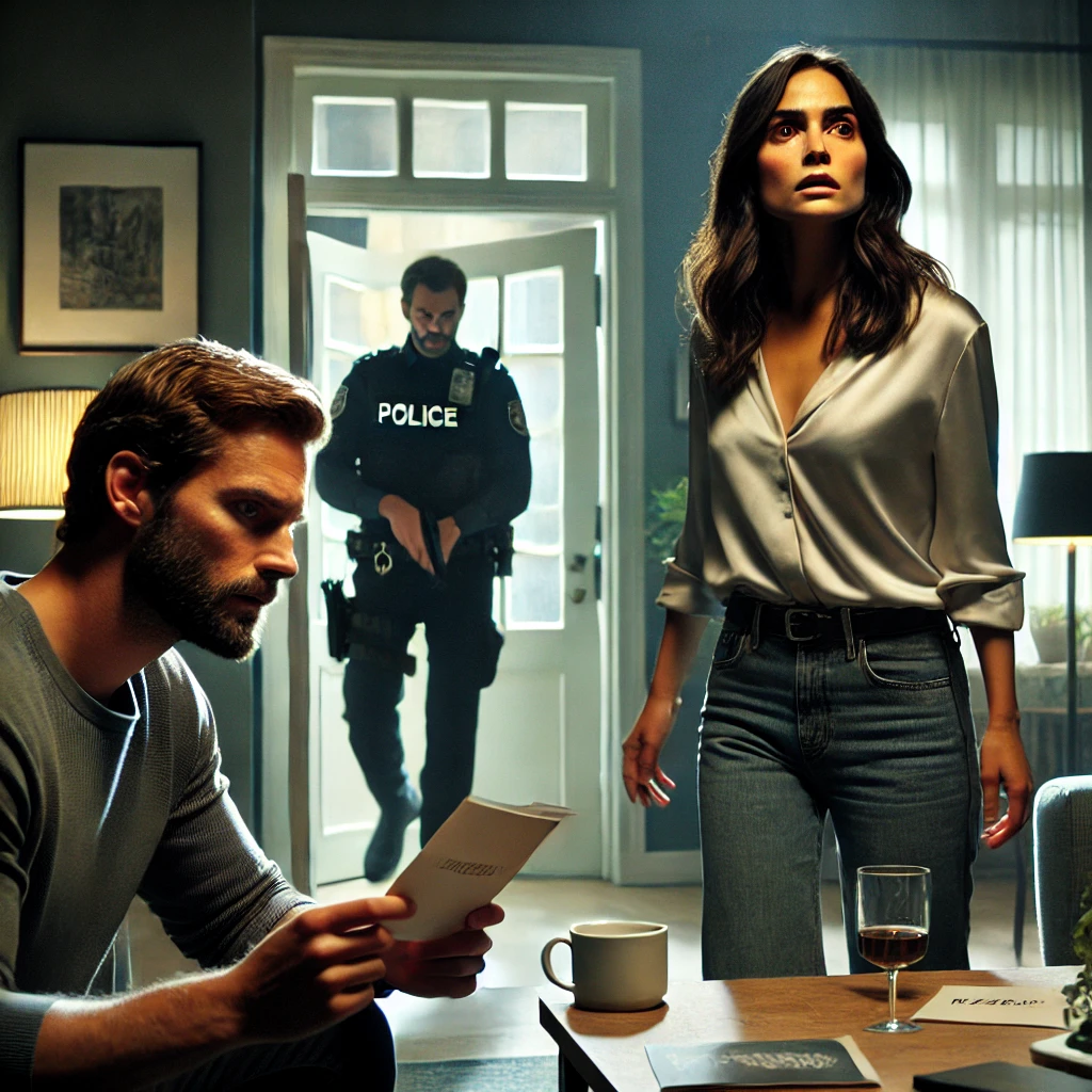 DALL·E 2024-09-24 11.26.43 – A tense scene where a man, Jeff, is in shock as he recognizes his friend Maarten’s bride-to-be, Kim, as someone he met before under a different name.