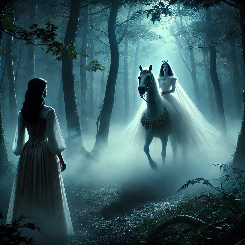 DALL·E 2024-09-24 11.28.25 – A mystical scene in the forest at night, where a ghostly figure of a young woman, Aurora, rides a white horse through the mist. The woman is dressed i