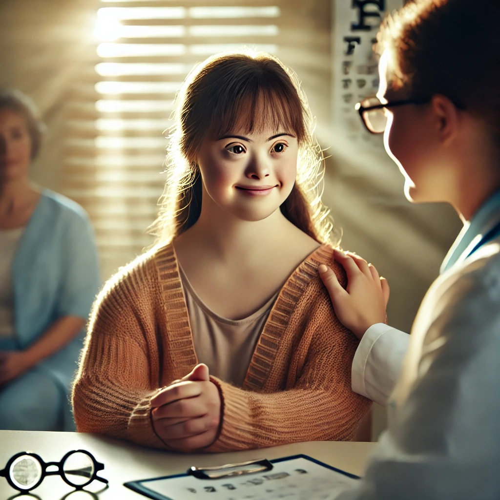 DALL·E 2024-09-24 11.23.40 – A touching scene where a woman named Tilly, with Down syndrome, sits in a doctor’s office, looking hopeful after her cataract surgery. Her sister is b