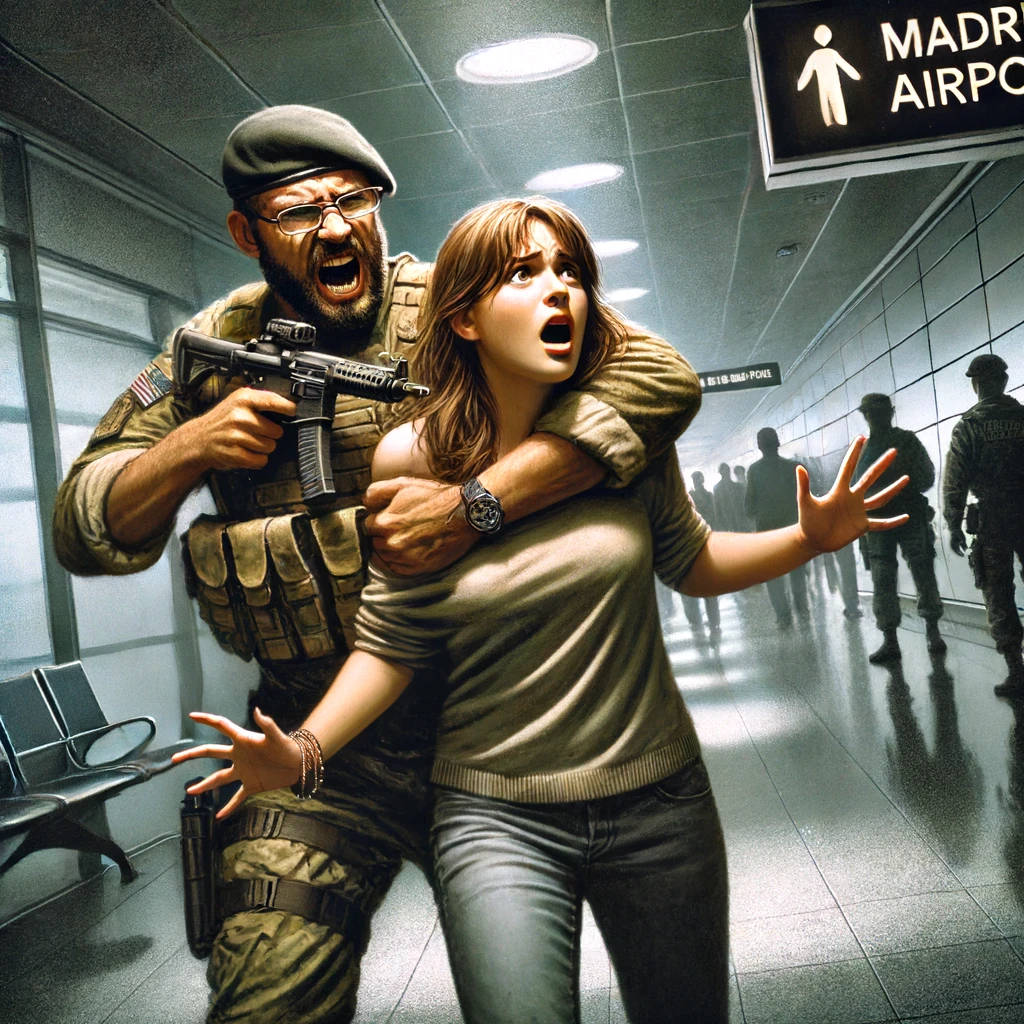 DALL·E 2024-06-18 17.48.31 – A detailed, realistic illustration depicting a tense moment from the story where the mother is confronted by an angry armed soldier after exiting the
