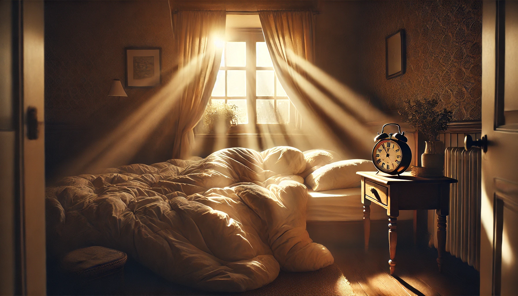 DALL·E 2024-07-09 23.32.34 – A cozy bedroom in soft, warm tones, illuminated by the first rays of the morning sun streaming through a half-open window. The bed is made with a down