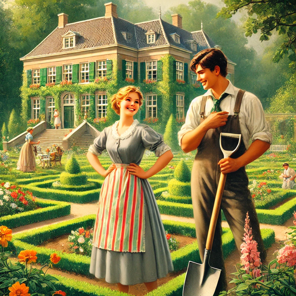 DALL·E 2024-07-31 16.52.54 – A picturesque summer estate with a large square house surrounded by lush gardens and terraces. In the foreground, a young woman named Klaasje in a sim