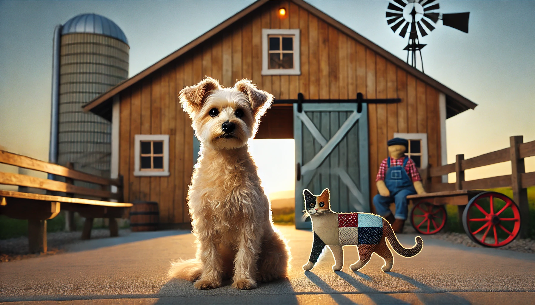 DALL·E 2024-08-05 15.24.26 – A small, beige, rough-haired dog with no recognizable breed characteristics, sitting proudly on a farm. The farm has a welcoming, rustic feel with a b