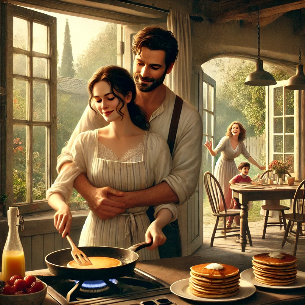 DALL·E 2024-08-13 08.24.52 – A warm, inviting kitchen scene where Geeske, a woman in her mid-30s with a calm and loving expression, is flipping a pancake in a pan. She stands at t