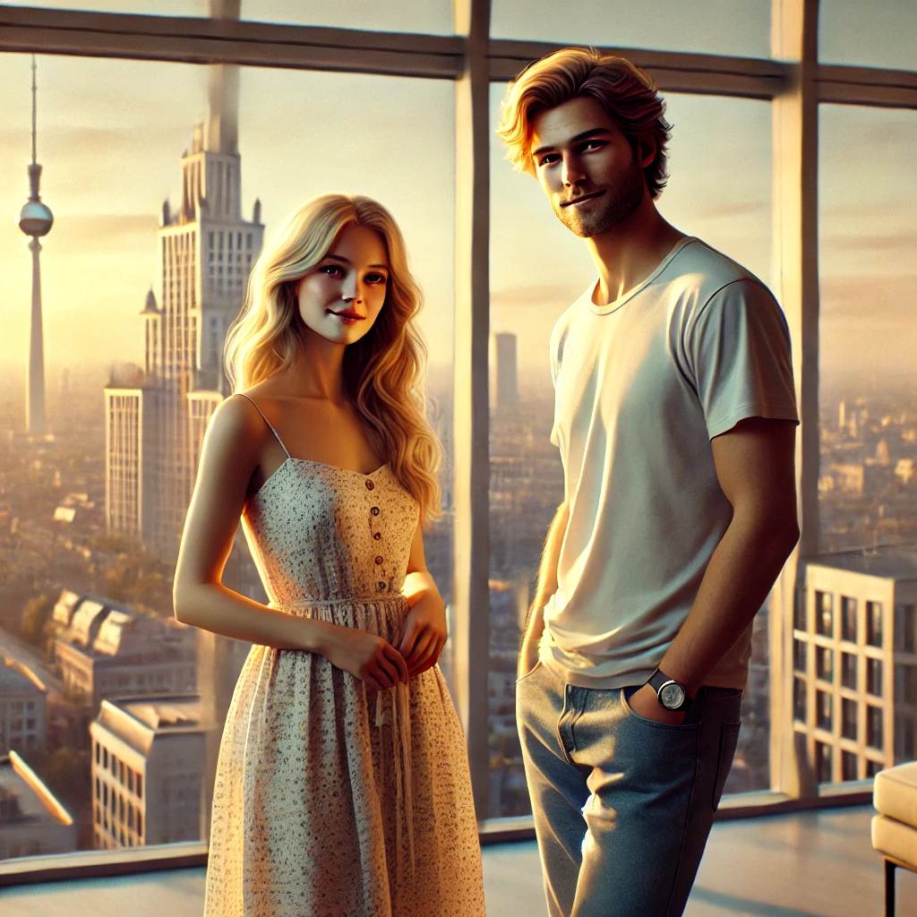 DALL·E 2024-08-20 12.00.43 – A scene from a story where a woman named Emma and a man named Joost stand near a large window with a beautiful city view from a high-rise flat. Emma,
