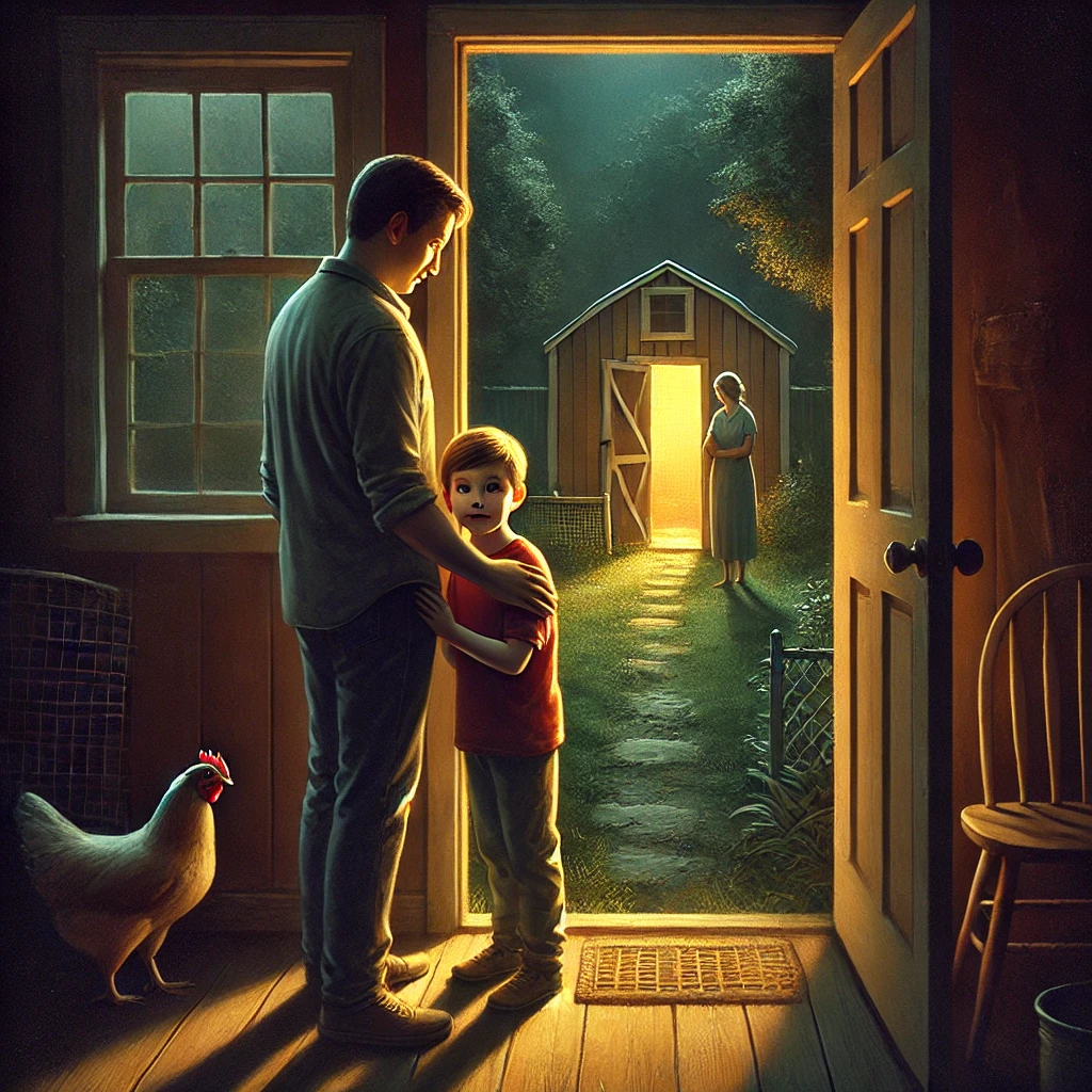 DALL·E 2024-09-03 09.38.34 – A young boy, around five years old, stands anxiously in front of an open door leading to a dark, shadowy backyard. The backyard is dimly lit, with a f