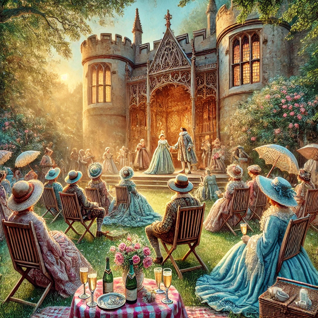 DALL·E 2024-09-10 14.20.08 – A whimsical, fairytale-like scene of an outdoor Shakespeare play in a lush castle garden. The scene looks hand-drawn with soft, dreamy colors and fant