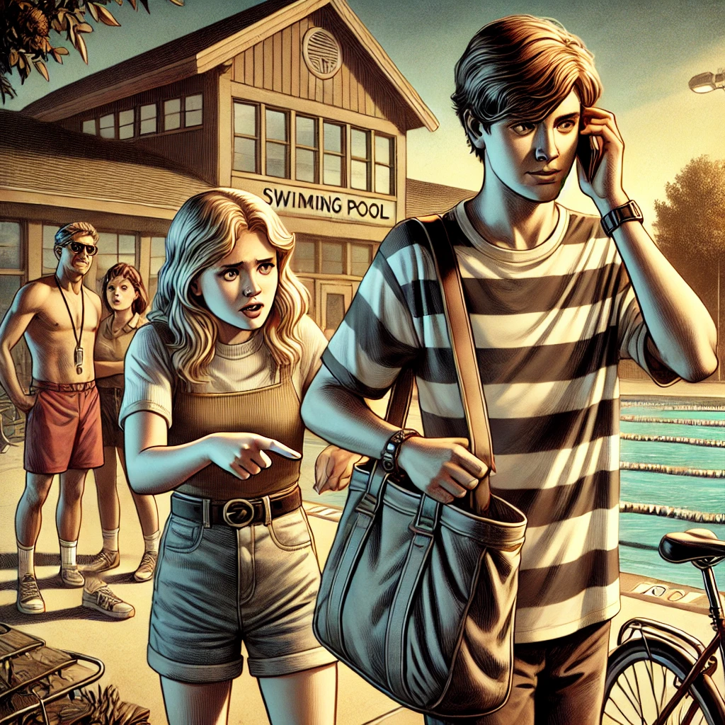 DALL·E 2024-09-24 11.15.53 – A detailed, dramatic illustration of two teenage girls standing near a swimming pool entrance. One girl is frantically searching through her empty bag