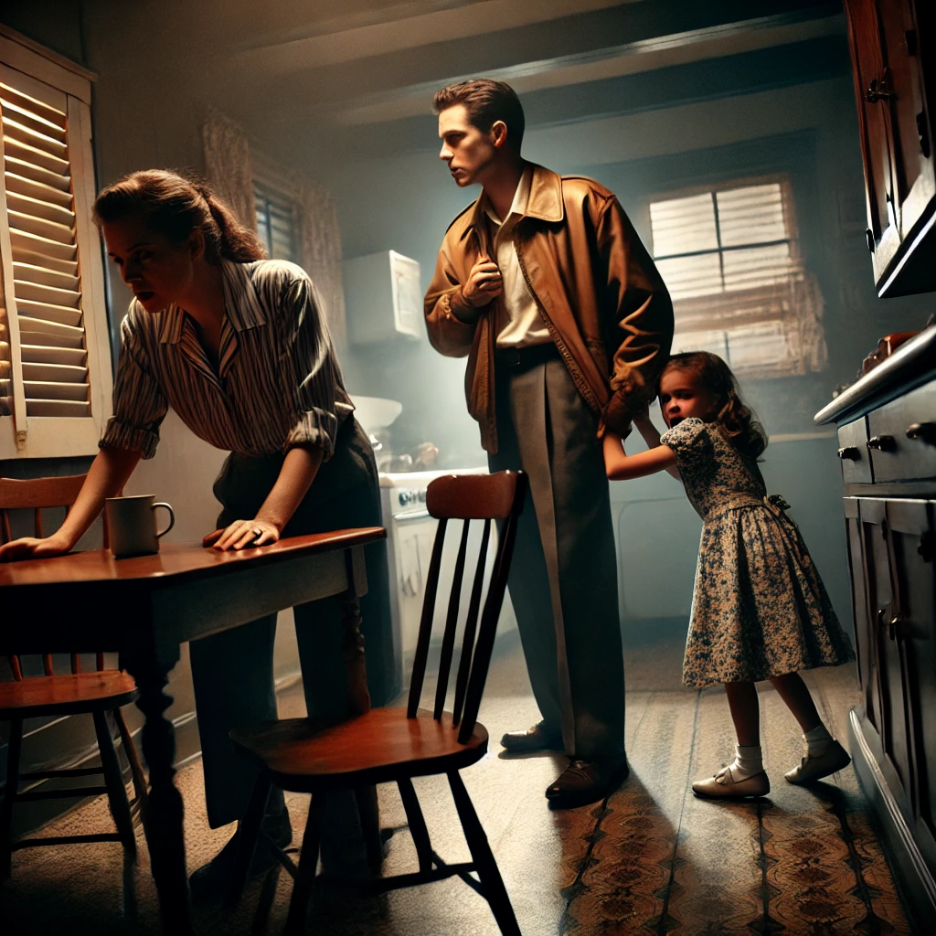 DALL·E 2024-10-15 08.23.43 – A tense 1950s domestic scene in a dimly lit kitchen. A young girl, around 8 years old, is hiding under a kitchen table, watching her parents argue. Th