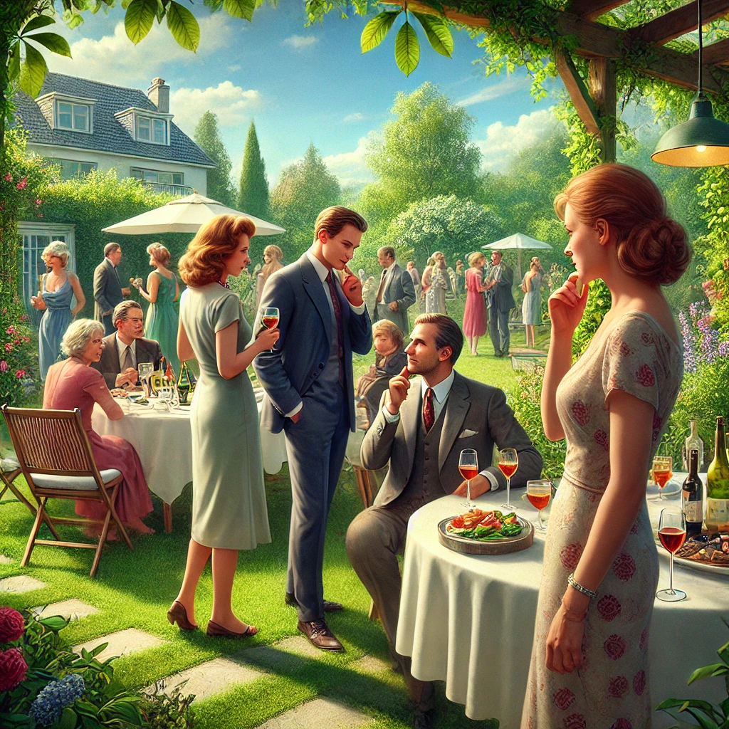 DALL·E 2024-10-22 12.02.44 – A realistic garden party scene under a sunny sky with a group of guests casually mingling. In the foreground, a woman (Wieteke) watches her husband (R