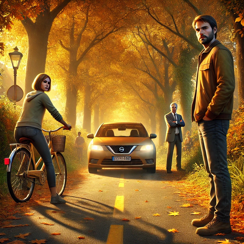 DALL·E 2024-11-05 10.28.25 – An autumn scene along a quiet, narrow bicycle path lined with trees glowing in golden and orange hues. In the foreground, a determined young woman, Si