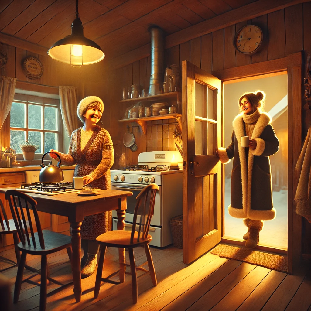DALL·E 2024-11-12 08.58.54 – A warmly lit kitchen with a cozy, homey feel. A woman, dressed in winter clothing, stands at the door, letting in a bit of cold air. Another woman ins