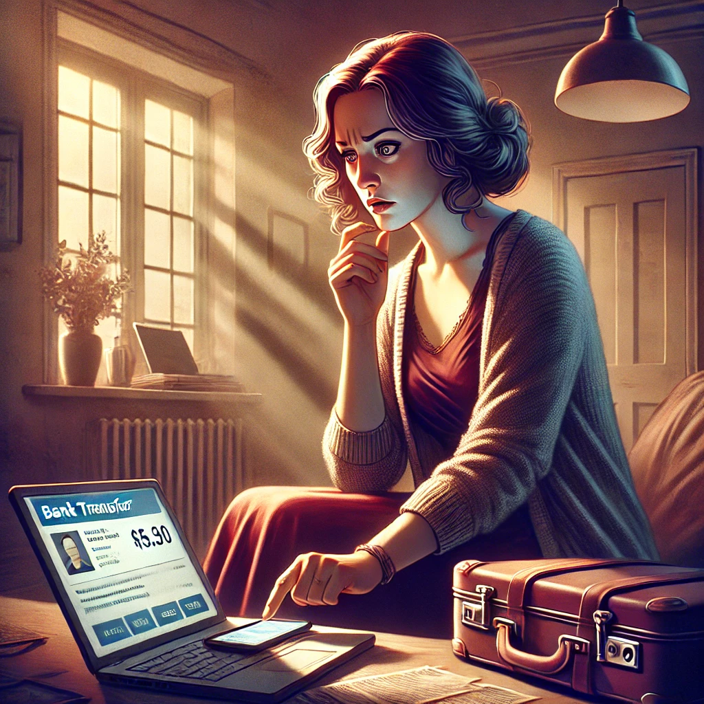DALL·E 2024-11-19 14.33.08 – A dramatic illustration of a woman in a modest living room, holding her smartphone with a worried expression as she reads an alarming message. The bac
