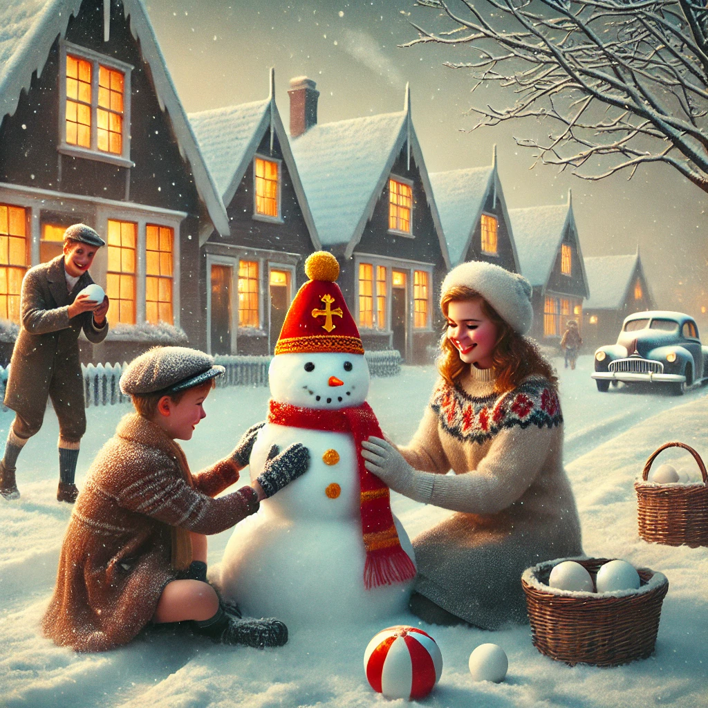 DALL·E 2024-11-26 11.13.54 – A heartwarming winter scene set in the 1950s. Two young girls are joyfully building a snowman in a snowy suburban lane lined with vintage houses. The