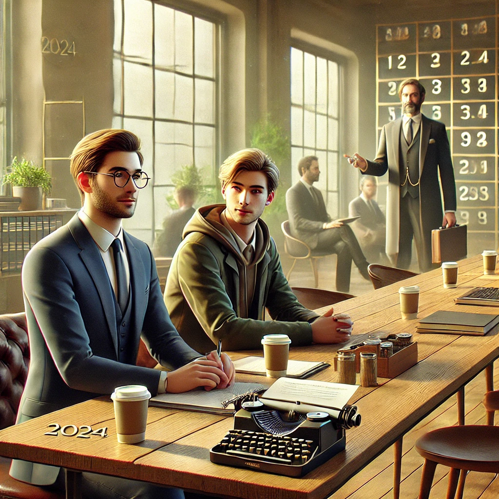 DALL·E 2024-12-03 15.58.52 – A realistic illustration inspired by a short story about two cousins, Tobias and Dominic, in the year 2024. The scene is set in a modern office during