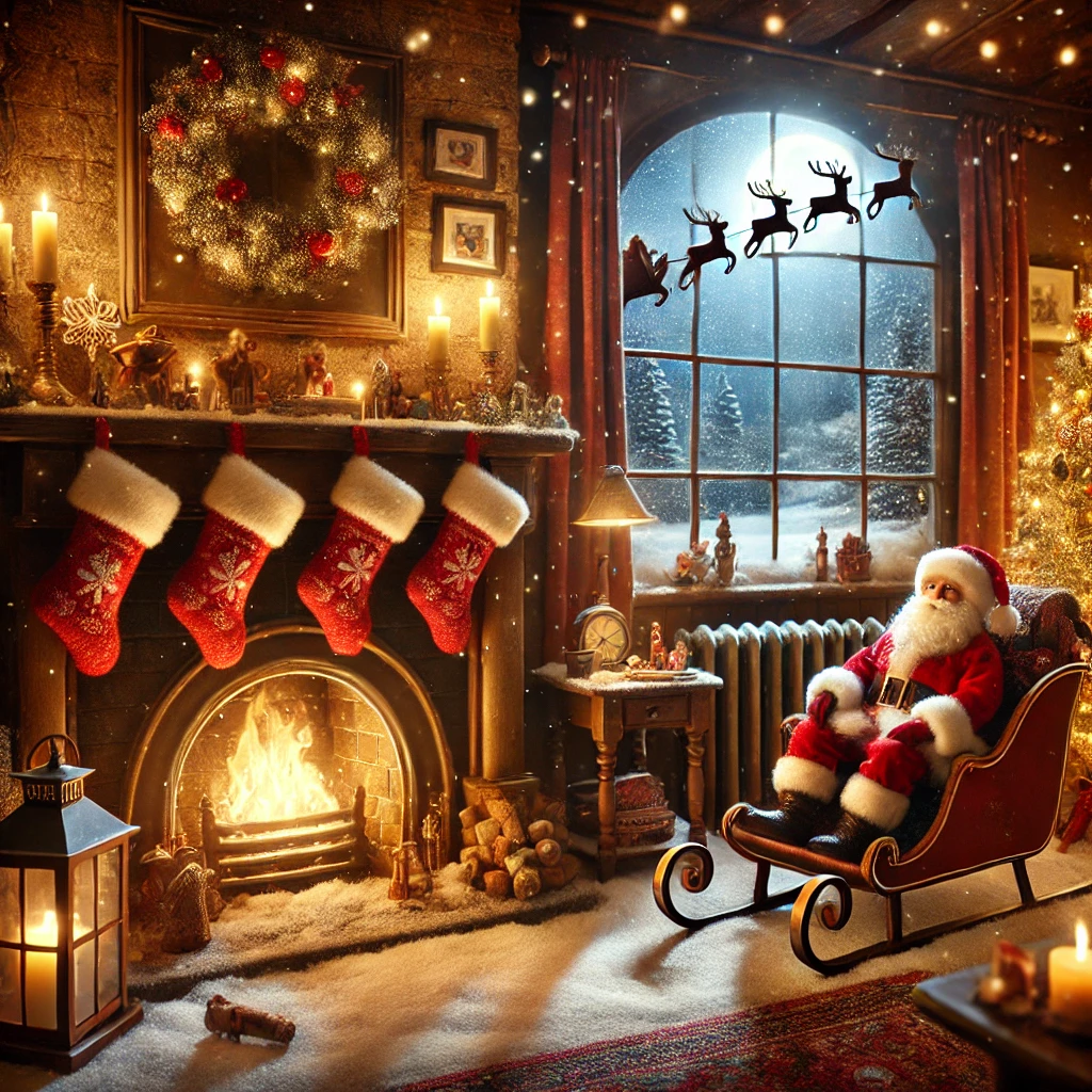 DALL·E 2024-12-16 09.21.11 – A cozy Christmas Eve scene inspired by the classic poem ‘Twas the Night Before Christmas’. The setting includes a warmly lit living room with a decora