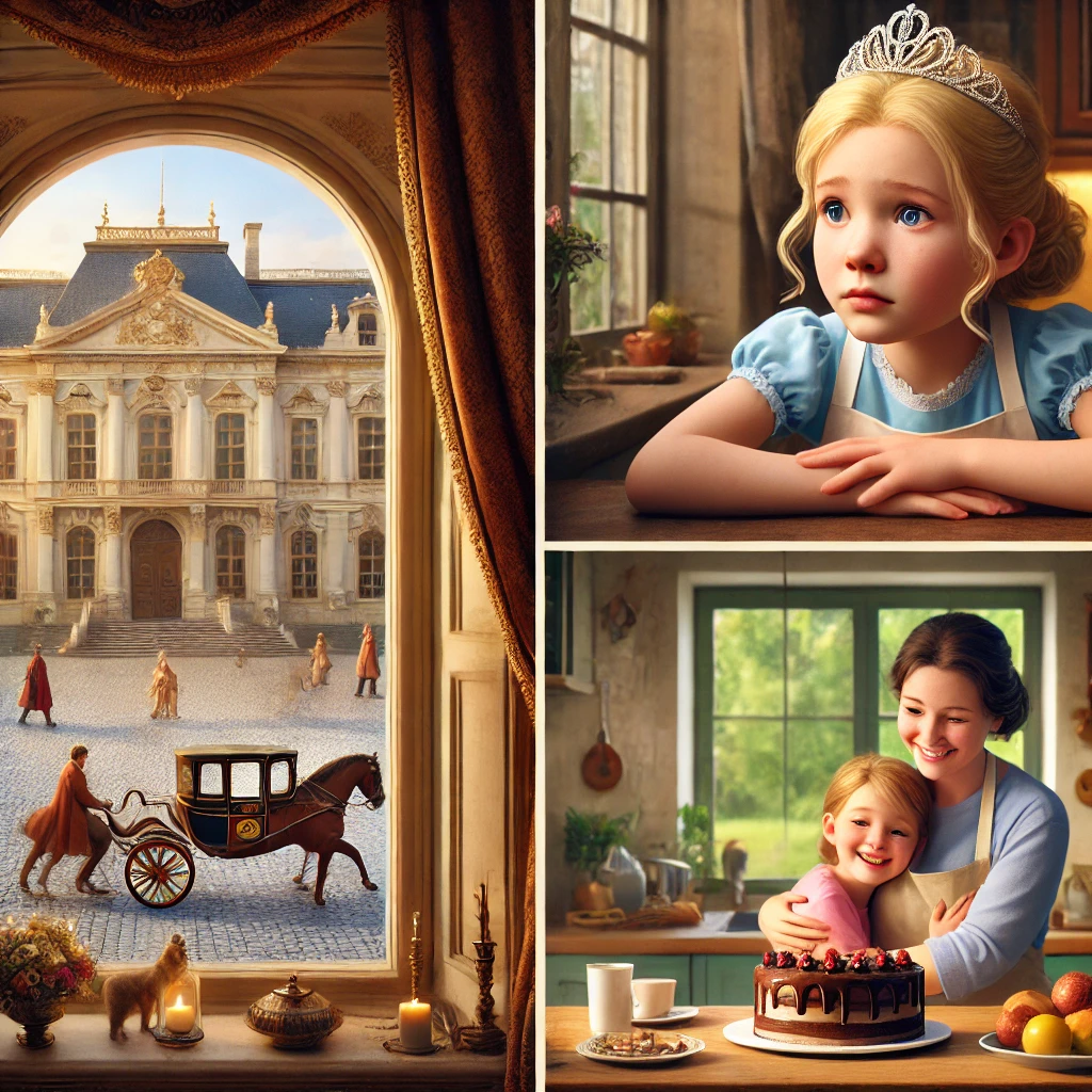 DALL·E 2024-12-31 09.36.36 – A realistic depiction of a young princess, Sophie, looking sadly out of a grand palace window as a royal carriage departs on a cobblestone road. The l