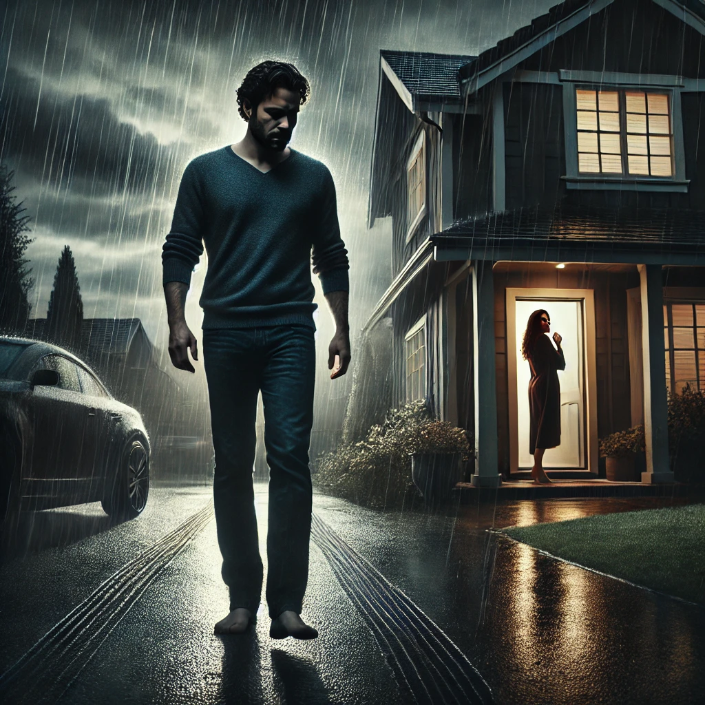 DALL·E 2025-01-07 12.42.36 – A dramatic and emotional scene depicting a man walking away from a house under a cloudy and rainy sky. The man appears cold and resolute, while a woma