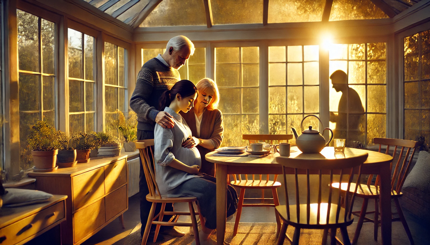 DALL·E 2025-01-14 22.44.27 – A family scene in a warm, sunlit conservatory with a wooden table and chairs. A visibly pregnant young woman is sitting at the table, embraced by an o