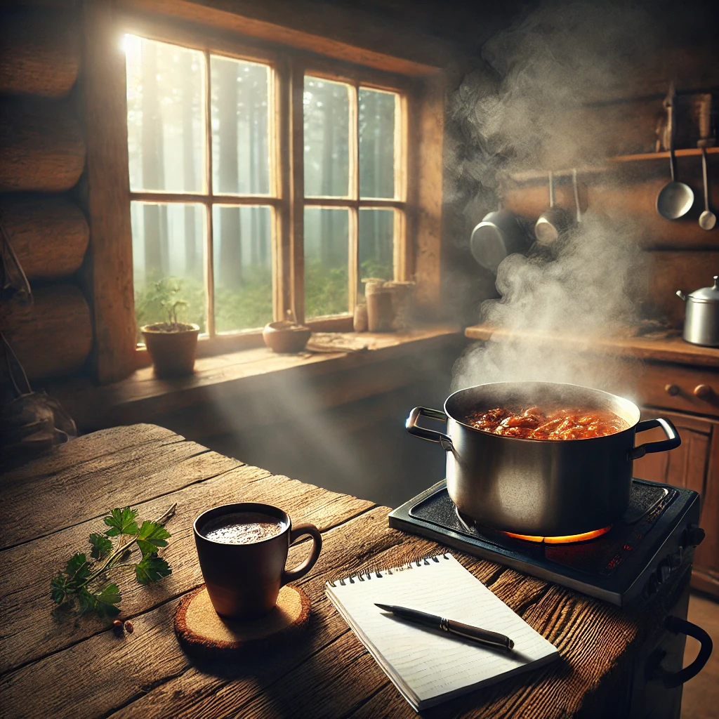 DALL·E 2025-01-21 21.36.11 – A cozy, warm kitchen with a steaming pot of stew on the stove. A rustic wooden table is nearby, with a notepad and pen resting beside a steaming cup o