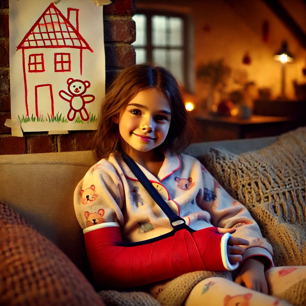 DALL·E 2025-01-28 15.49.45 – A cozy living room scene featuring a young girl named Isère lying on a couch with a red cast on her arm and a sling supporting it. She wears a soft pa