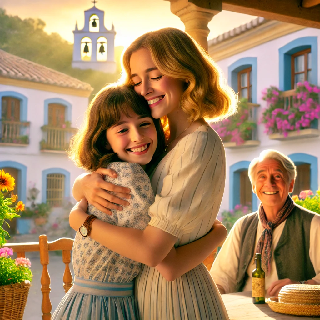 DALL·E 2025-02-04 17.47.28 – A heartwarming scene set on a sunny Spanish veranda. Two sisters, Kiki and Jolanda, are embracing each other warmly, smiling with emotion. In the back