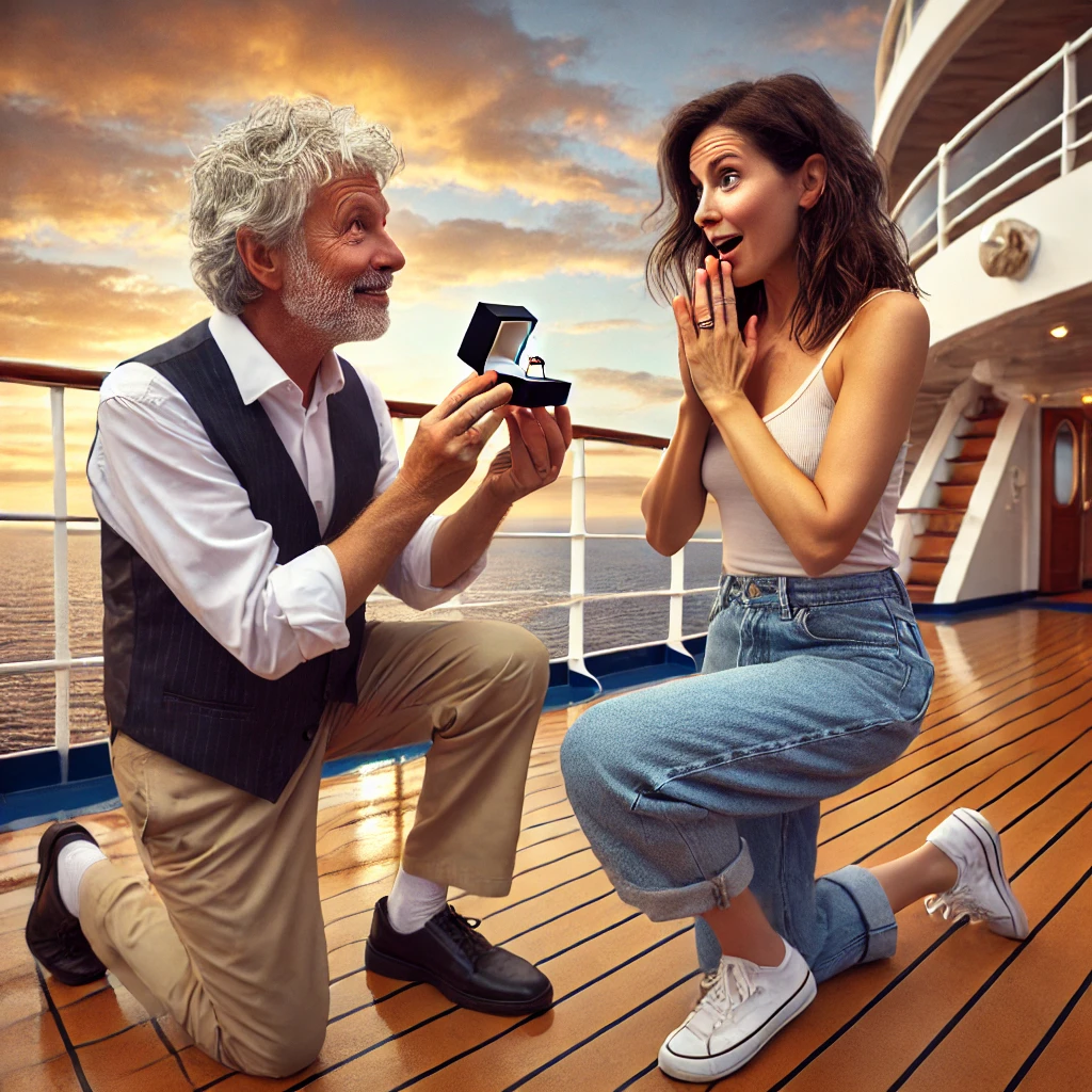 DALL·E 2025-02-11 13.09.17 – A romantic and humorous scene on the deck of a luxury cruise ship. A middle-aged man named Ab is kneeling with a small jewelry box in his hand, propos