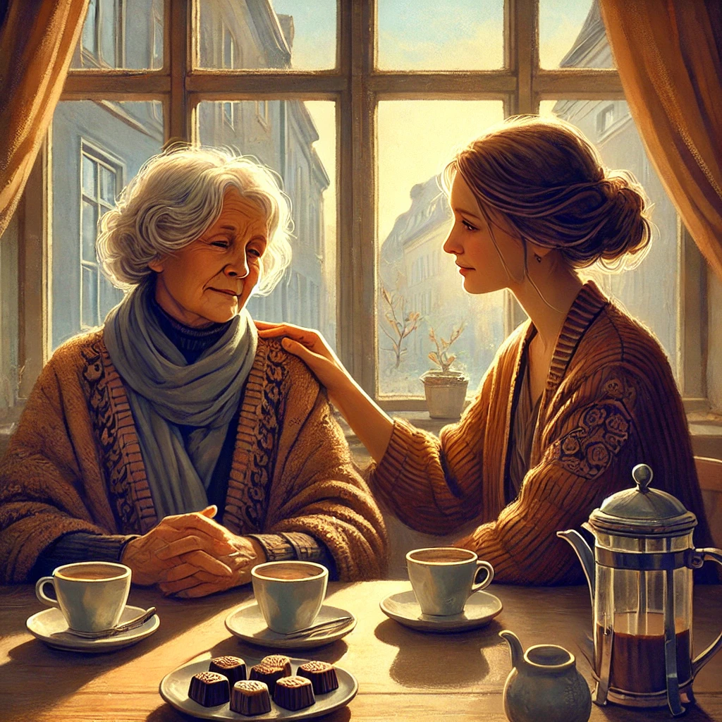 DALL·E 2025-02-17 20.29.16 – A warm and intimate café scene where two women, Frida and Marit, sit together at a table near the window. Frida, an older woman with a melancholic yet