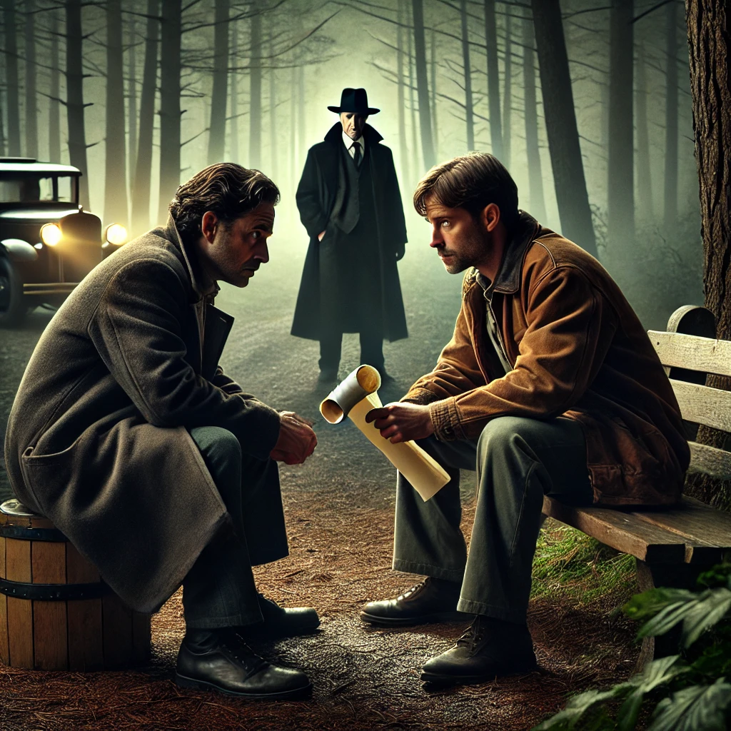 DALL·E 2025-03-11 11.50.45 – A tense scene in a secluded forest setting. Two men, Frank and Jerry, sit on a bench deep in conversation, with a serious and worried expression. In t